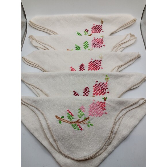 Vintage Linen Luncheon Napkins Pink & Red Rosebud Cross-stitch Set Of 5 Tea Time - Picture 1 of 8